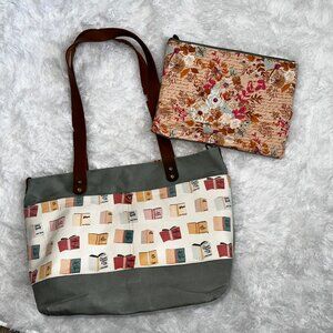 Handmade Book Lover Tote Bag w/ Pouch Canvas Book Print Travel Shoulder Bag